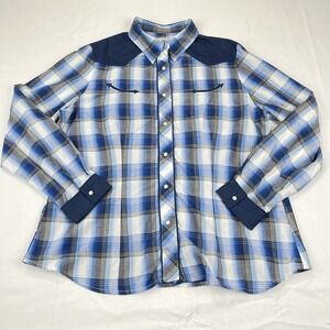 VTG Roper Western Pearl Snap Shirt Women 1X Blue Plaid Embroidered Cowgirl Rodeo